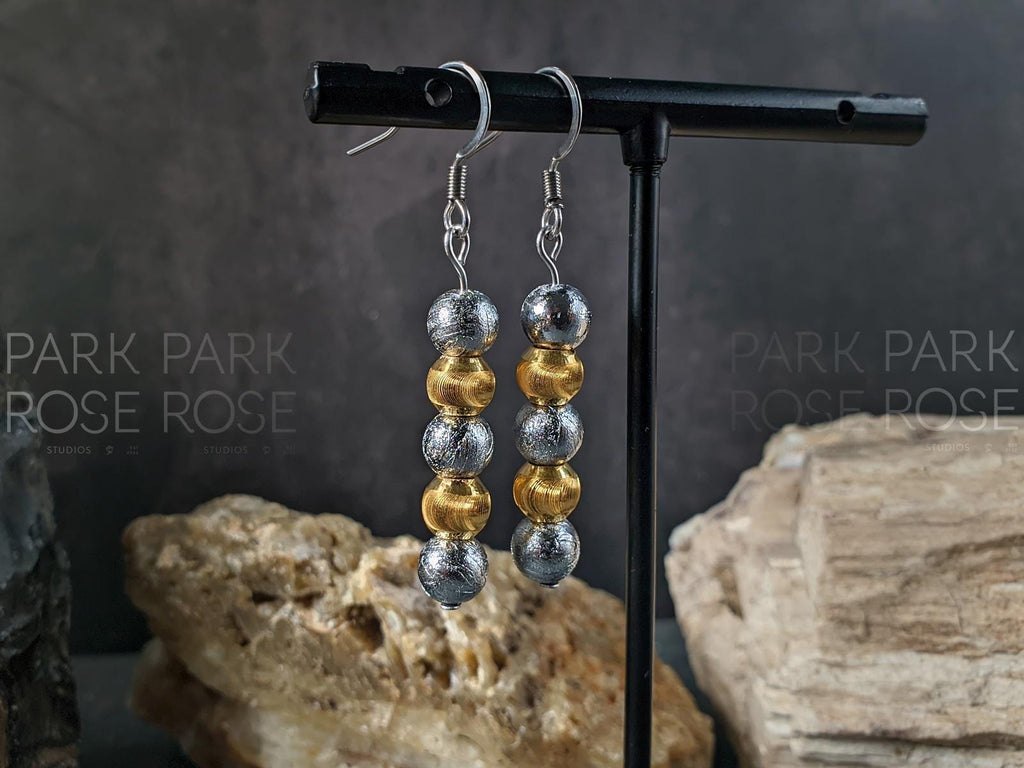 Gibeon Meteorite Earrings Featuring 24K Gold Cat Eye Beads