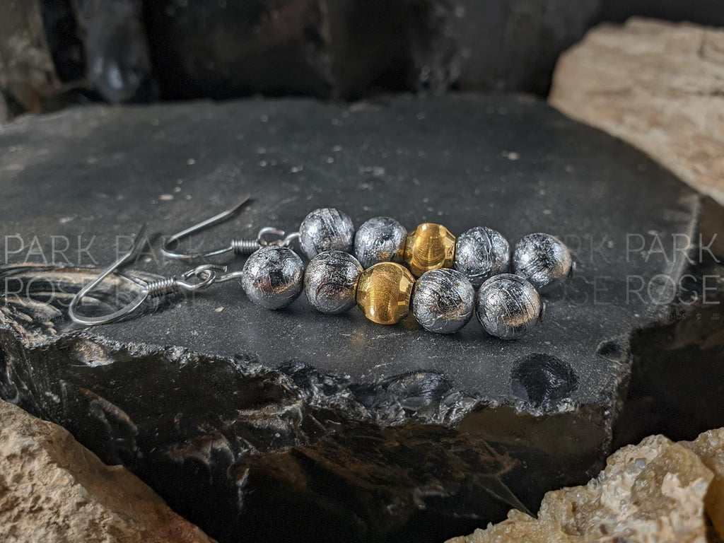 Gibeon Meteorite Earrings Featuring 24K Gold Cat Eye Beads