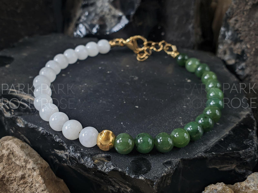 Two Tone Nephrite Jade Bracelet: 24K Gold Cat Eye Bead (6mm)