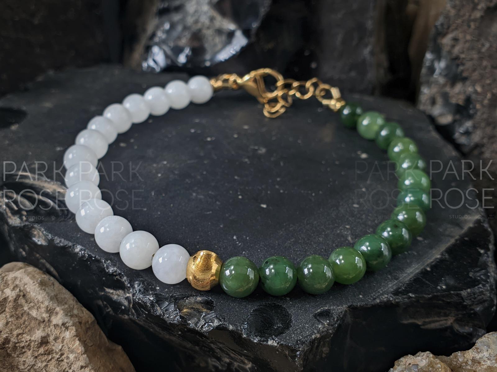 Two Tone Nephrite Jade Bracelet: 24K Gold Cat Eye Bead (6mm)