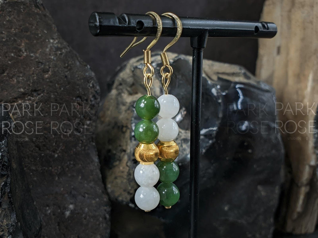 Nephrite Green & White Jade Earrings: 24K Pure Gold Cat Eye Beads (6mm)