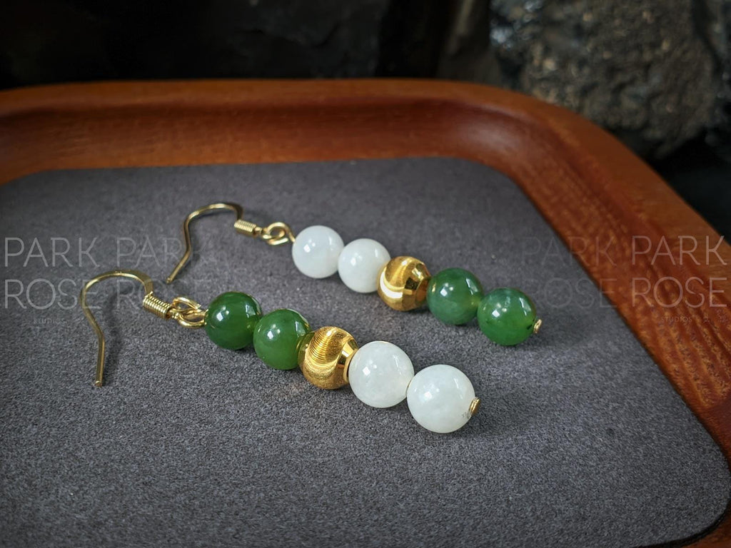 Nephrite Green & White Jade Earrings: 24K Pure Gold Cat Eye Beads (6mm)