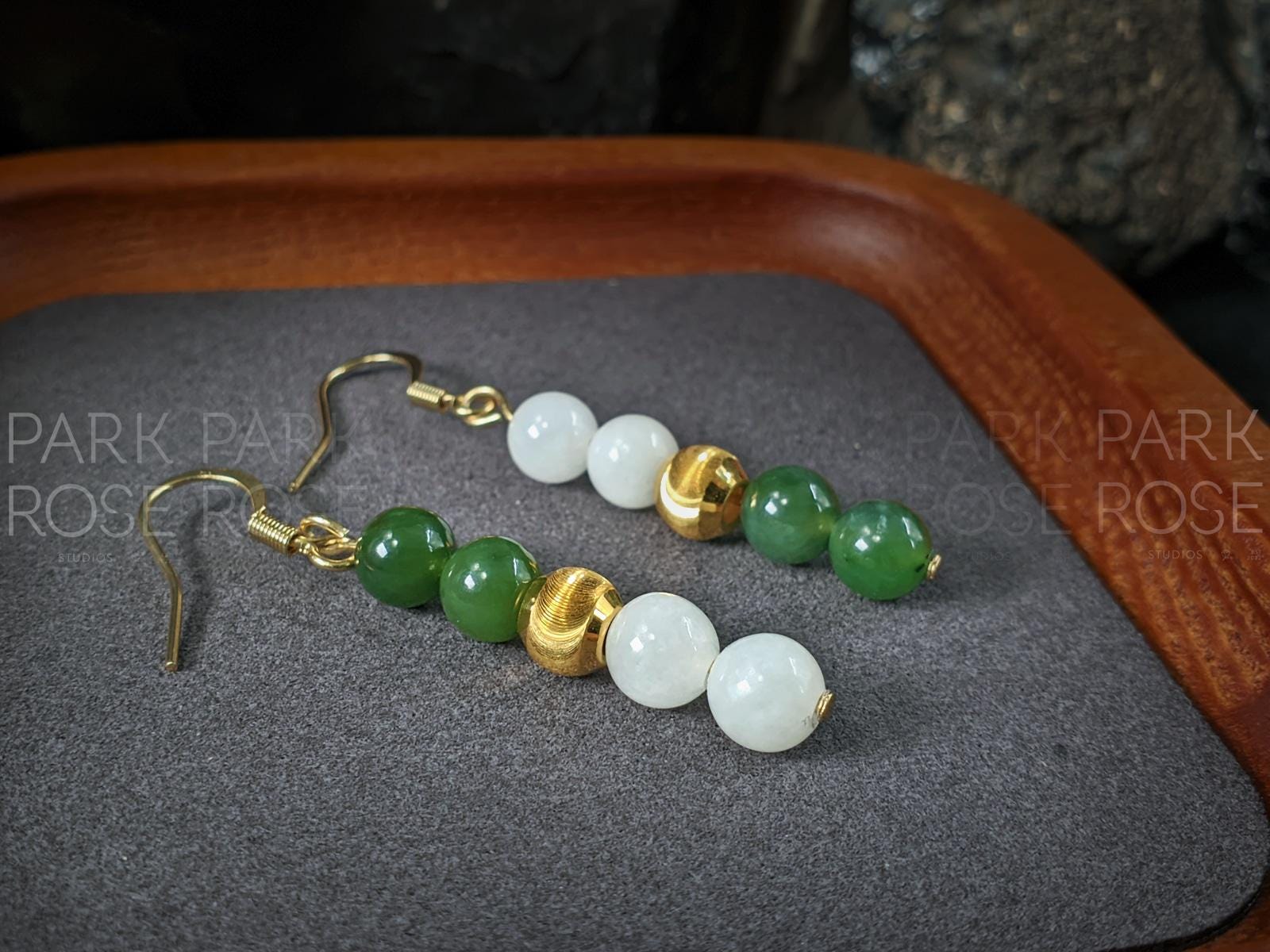 Nephrite Green & White Jade Earrings: 24K Pure Gold Cat Eye Beads (6mm)
