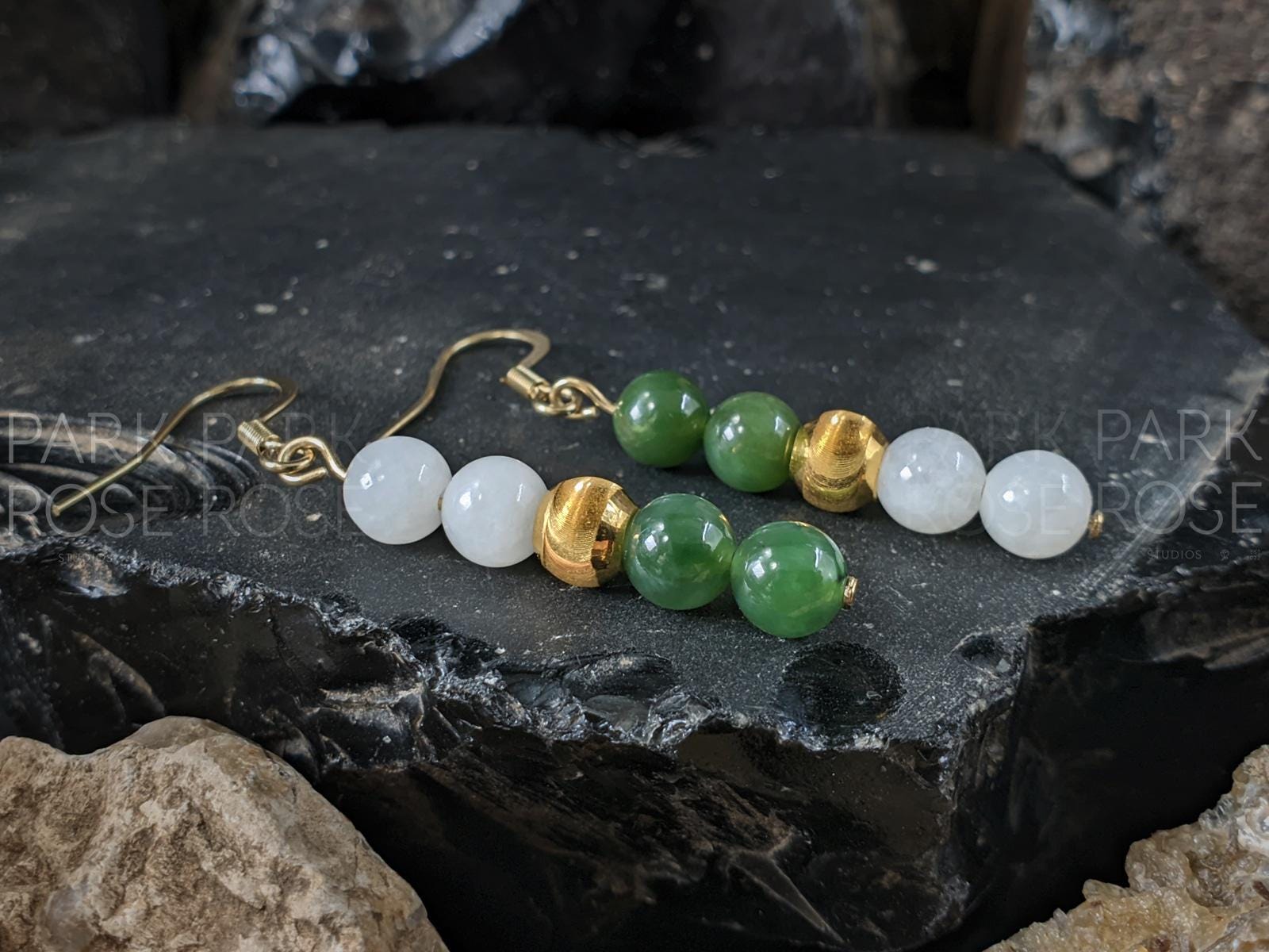 Nephrite Green & White Jade Earrings: 24K Pure Gold Cat Eye Beads (6mm)