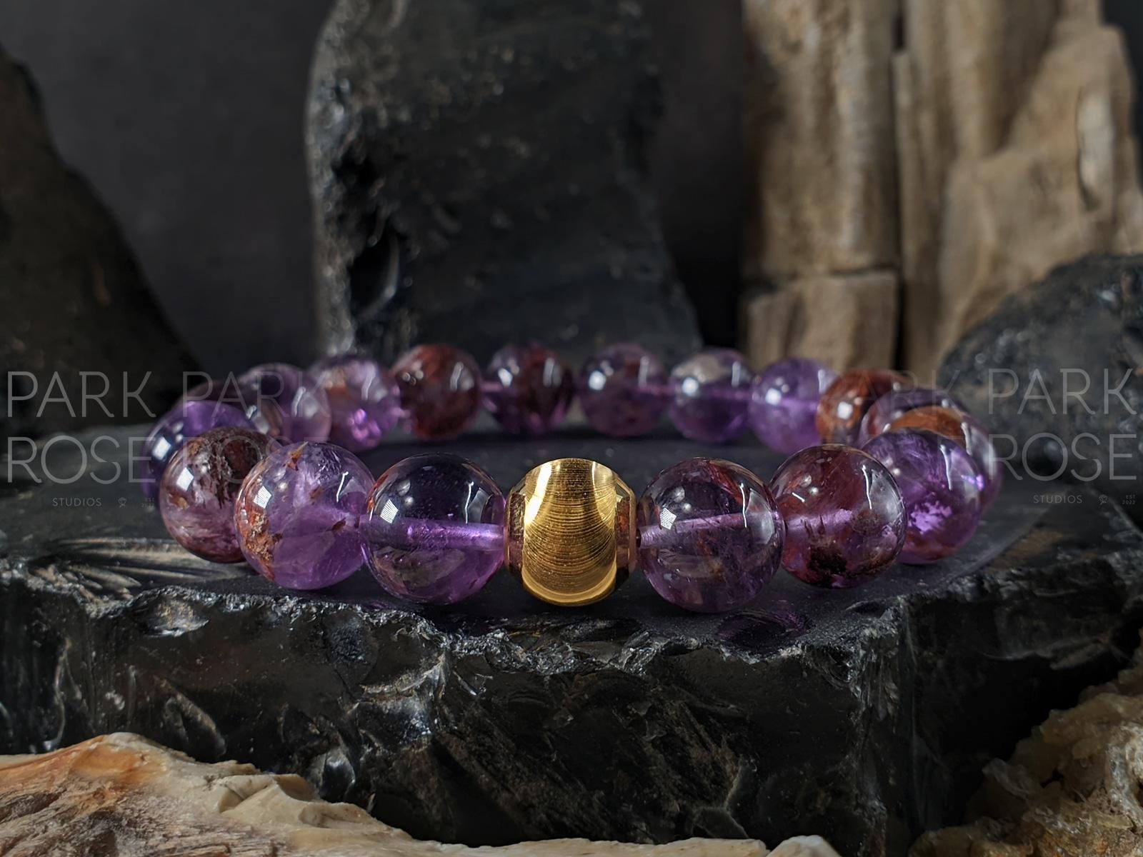 Super Seven Gemstone Bracelet: 24K Solid Gold Cat Eye Bead (10mm)