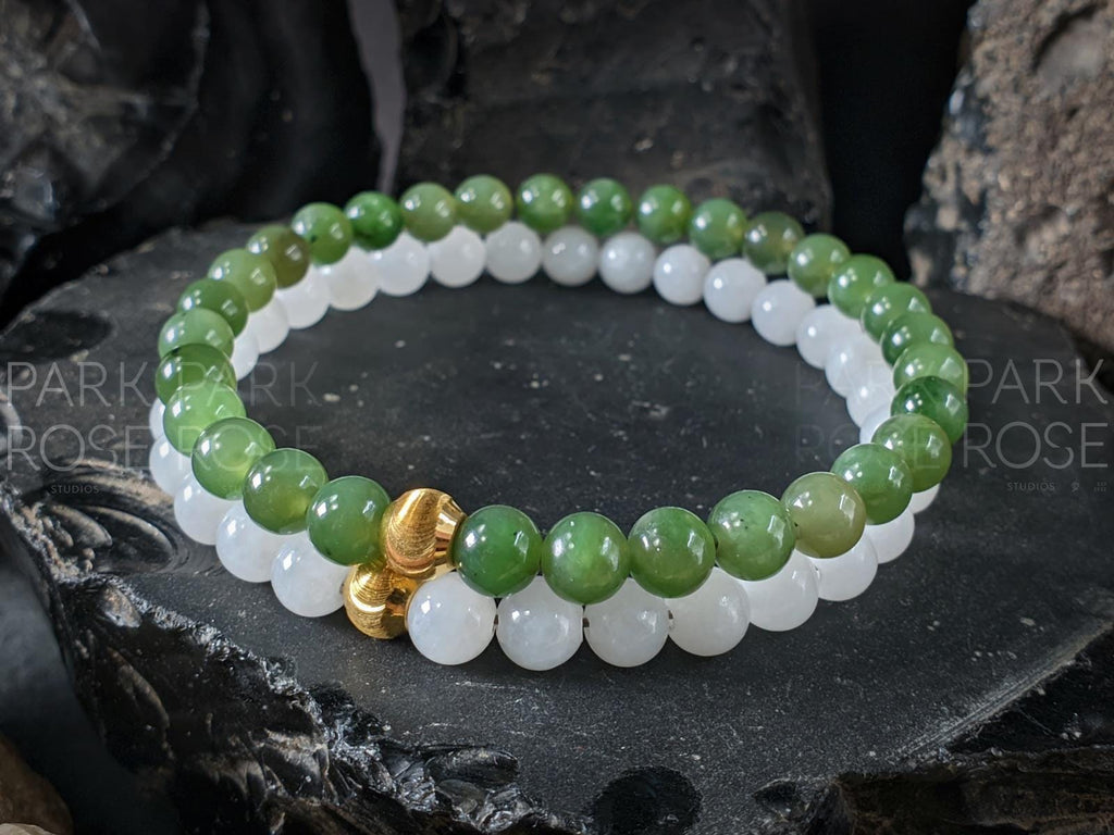 Green & White Nephrite Jade Bracelet Stack: 24K Gold Cat Eye Bead (6mm)