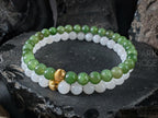 Green & White Nephrite Jade Bracelet Stack: 24K Gold Cat Eye Bead (6mm)
