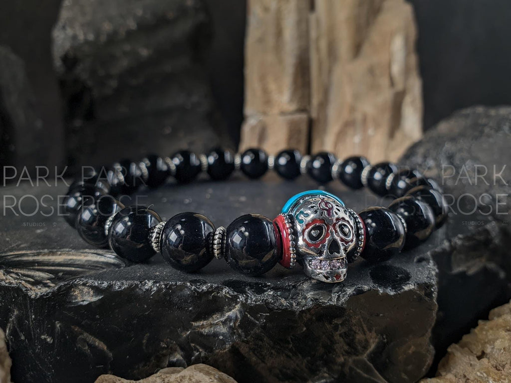 Day of the Dead "DJ" Bracelet, Sterling Silver Skull and Black Tourmaline (8mm)