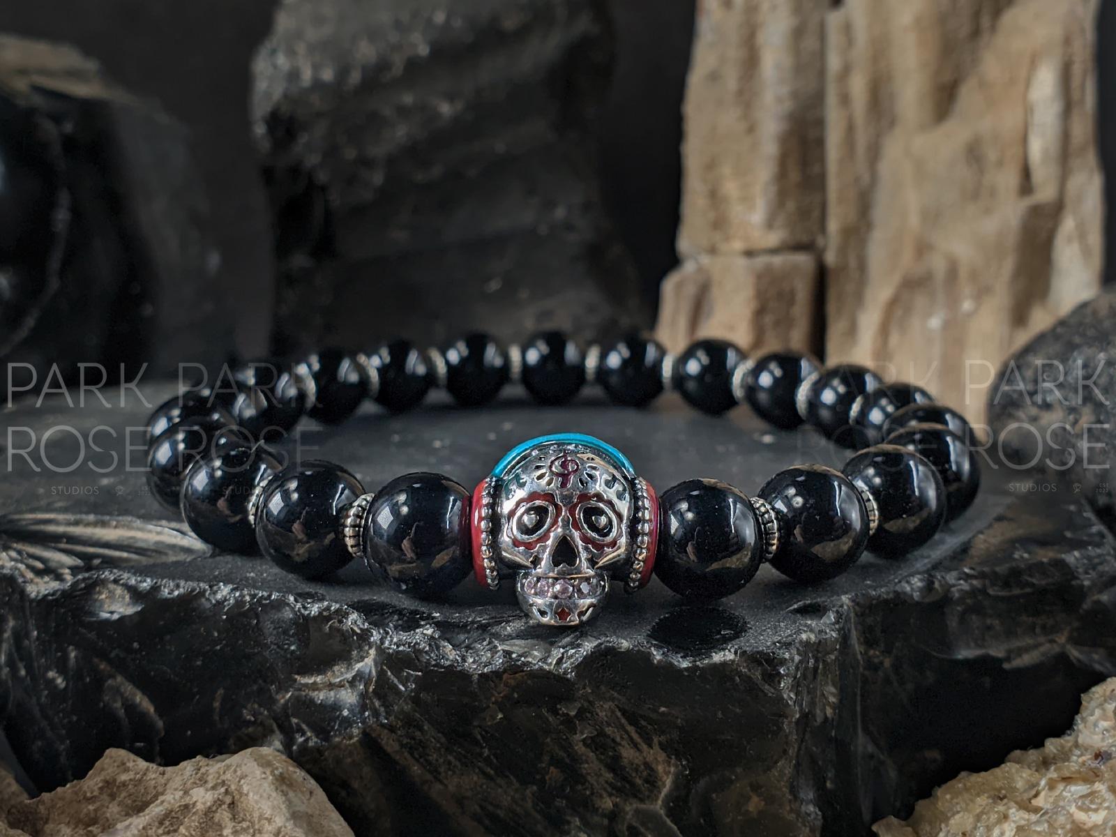 Day of the Dead "DJ" Bracelet, Sterling Silver Skull and Black Tourmaline (8mm)