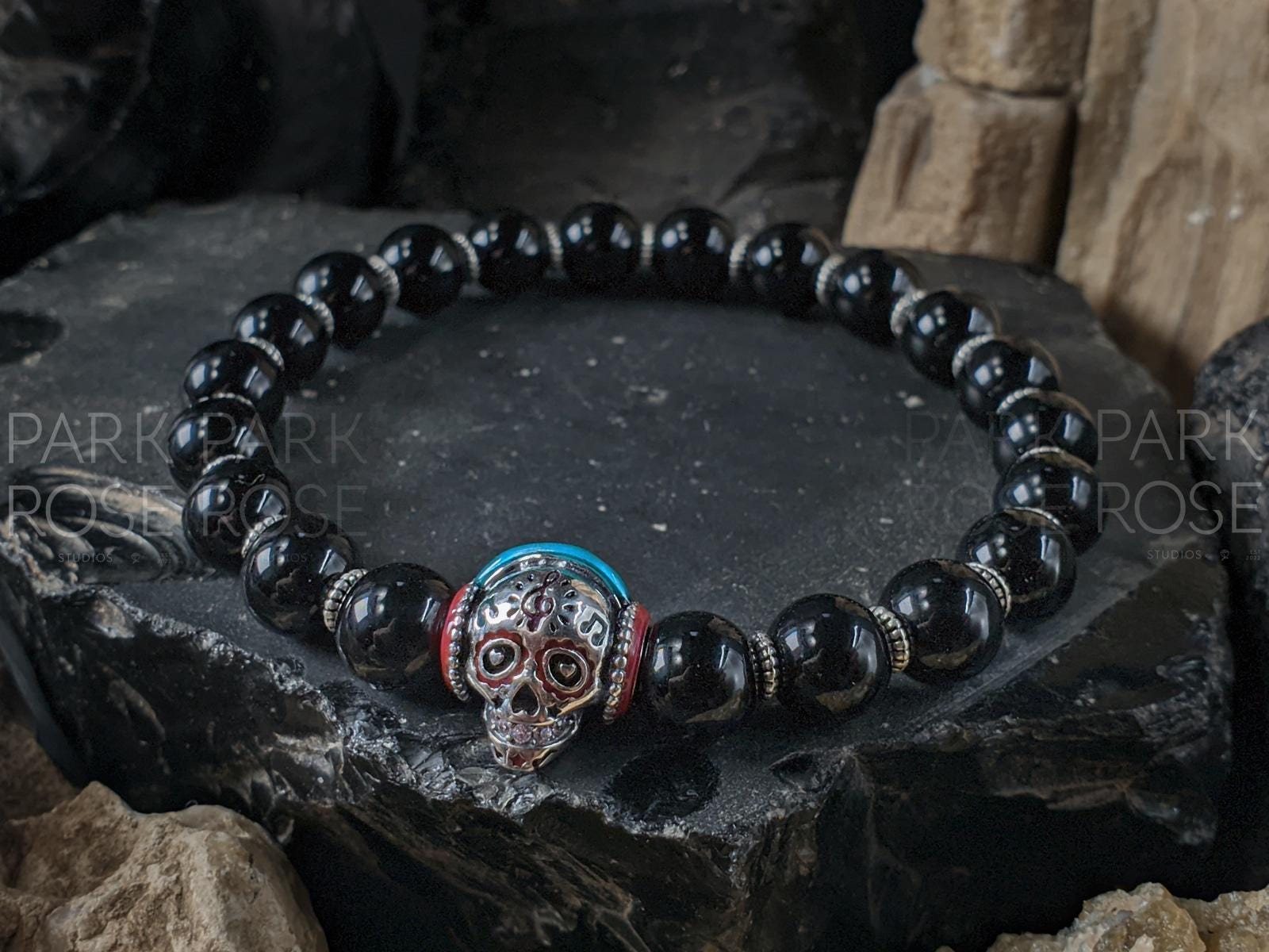 Day of the Dead "DJ" Bracelet, Sterling Silver Skull and Black Tourmaline (8mm)