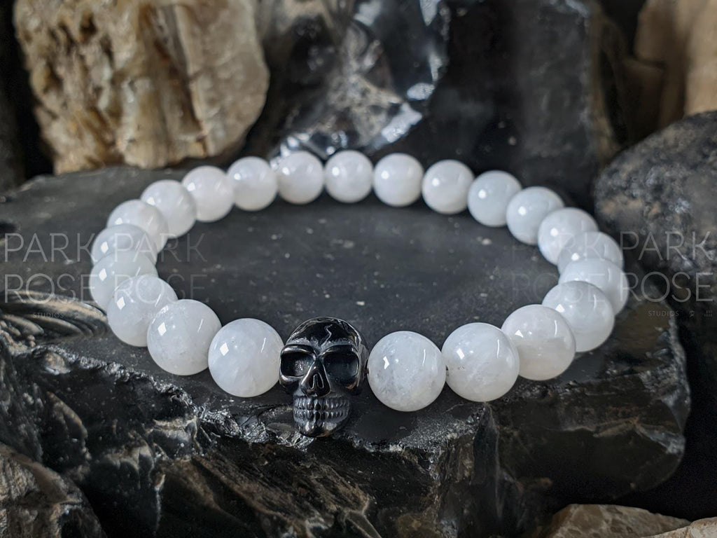 Set of 2: Stainless Steel Skull Bracelet Stack, Moonstone & Black Onyx, His/Hers (8mm)