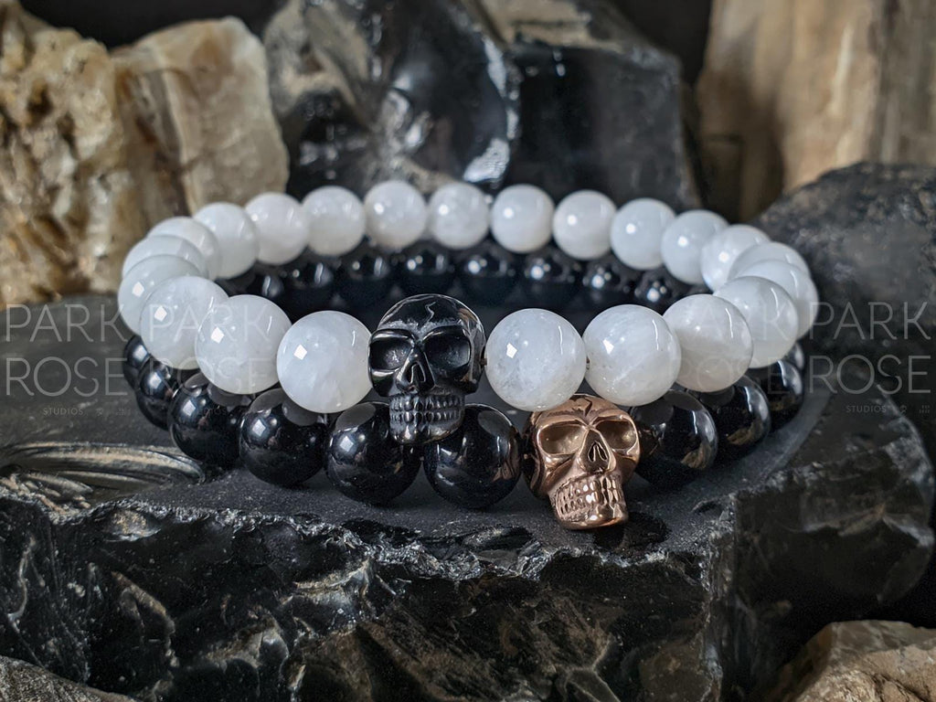 Set of 2: Stainless Steel Skull Bracelet Stack, Moonstone & Black Onyx, His/Hers (8mm)