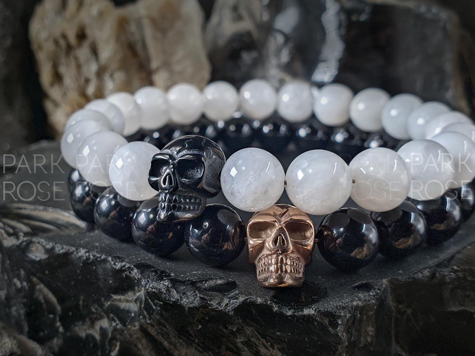 Set of 2: Stainless Steel Skull Bracelet Stack, Moonstone & Black Onyx, His/Hers (8mm)