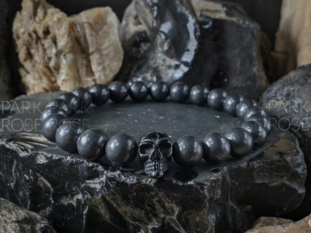 Russian Shungite Stainless Steel or 925 Sterling Silver Skull Bracelet (8mm)