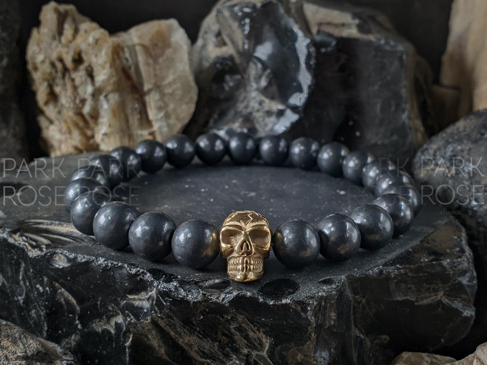 Russian Shungite Stainless Steel or 925 Sterling Silver Skull Bracelet (8mm)