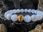 Blue Lace Agate Gemstone Bracelet: 24K Gold Cat Eye Bead (10mm)