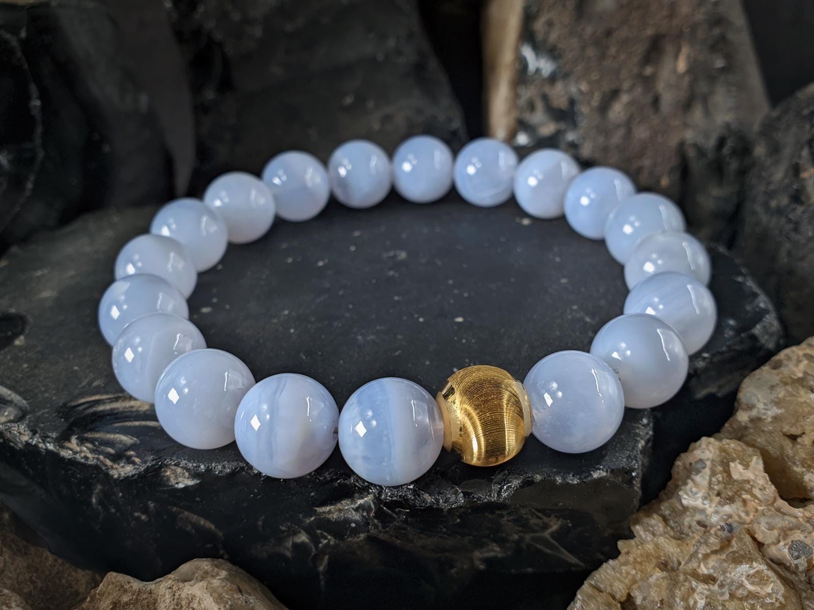 Blue Lace Agate Gemstone Bracelet: 24K Gold Cat Eye Bead (10mm)