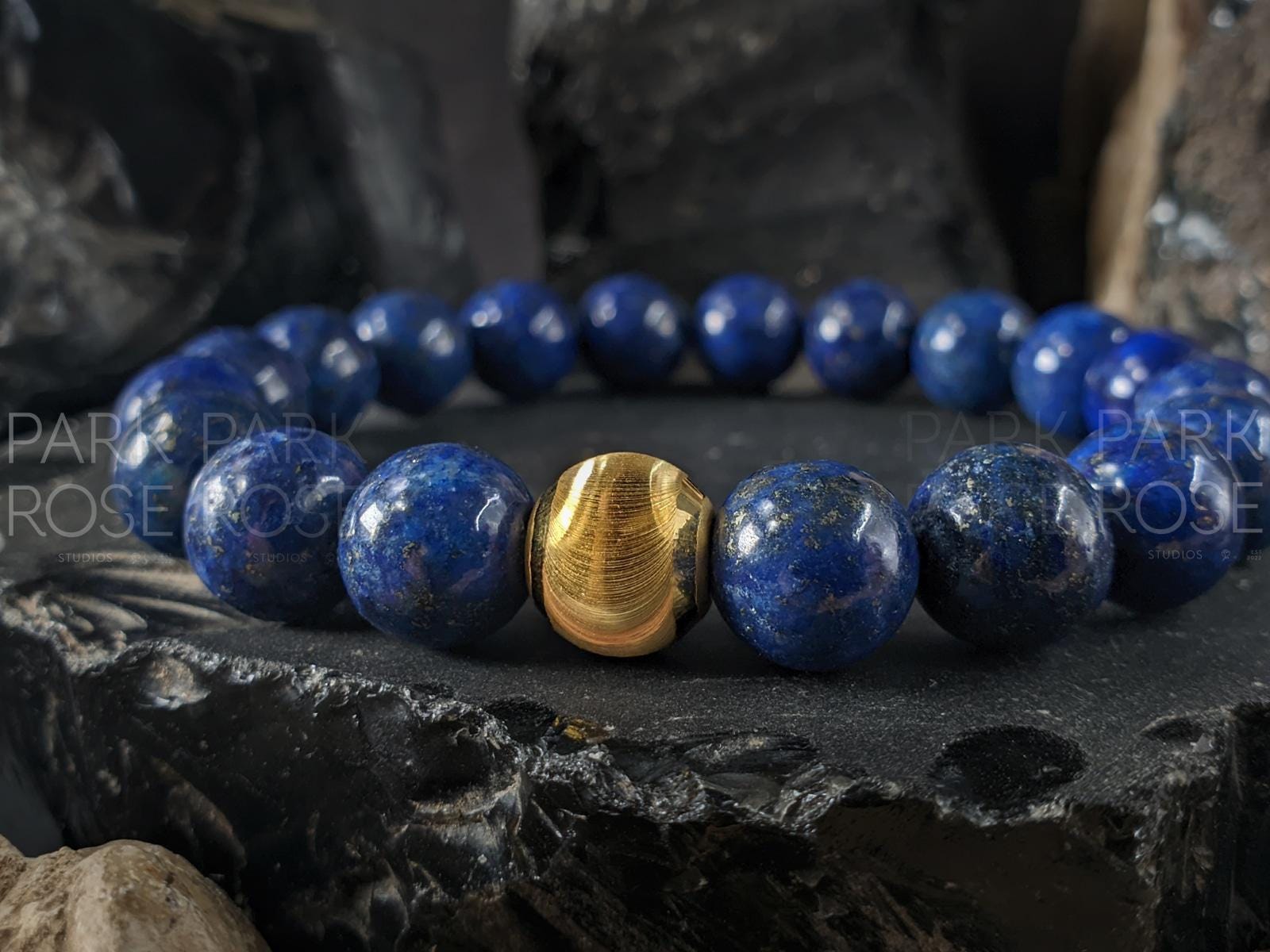Lapis Lazuli Gemstone Bracelet: 24K Gold Cat Eye Bead (10mm)