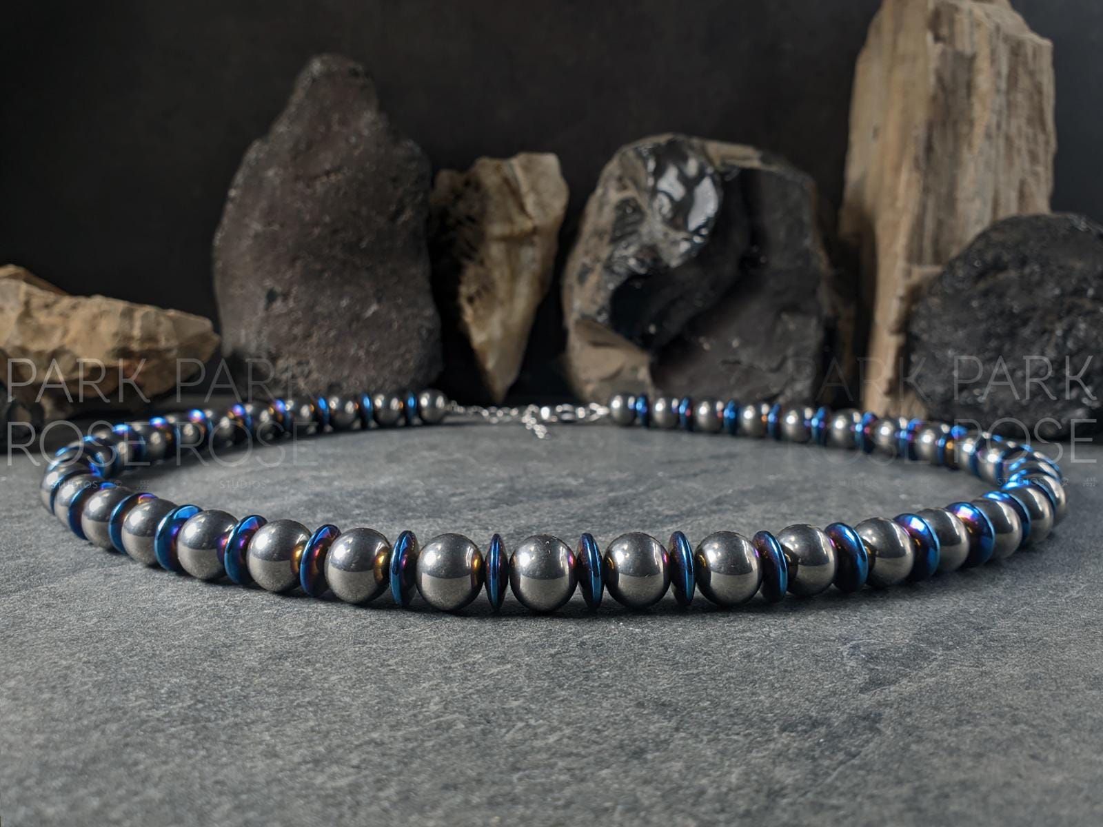Bundle: Blue Hematite Titanium Bracelet Necklace Set, Grade 2 Titanium (10mm)