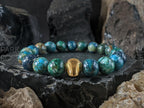 Phoenix Chrysocolla Lapis Lazuli Gemstone Bracelet: 24K Pure Gold Cat Eye Bead (10mm)