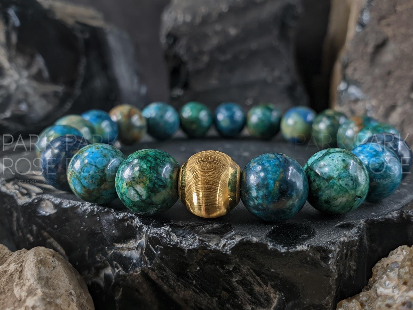 Phoenix Chrysocolla Lapis Lazuli Gemstone Bracelet: 24K Pure Gold Cat Eye Bead (10mm)