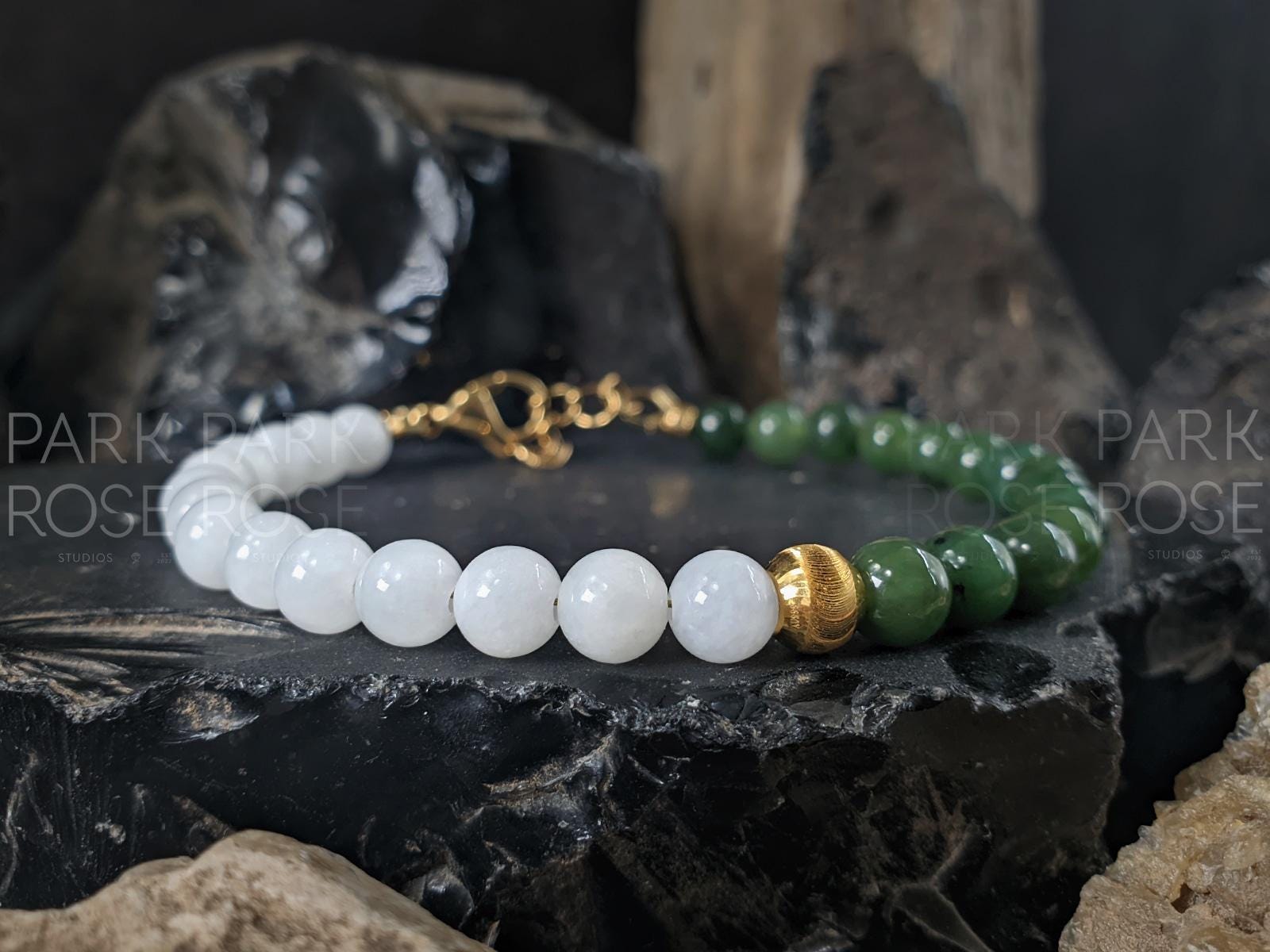 Two Tone Nephrite Jade Bracelet: 24K Gold Cat Eye Bead (6mm)
