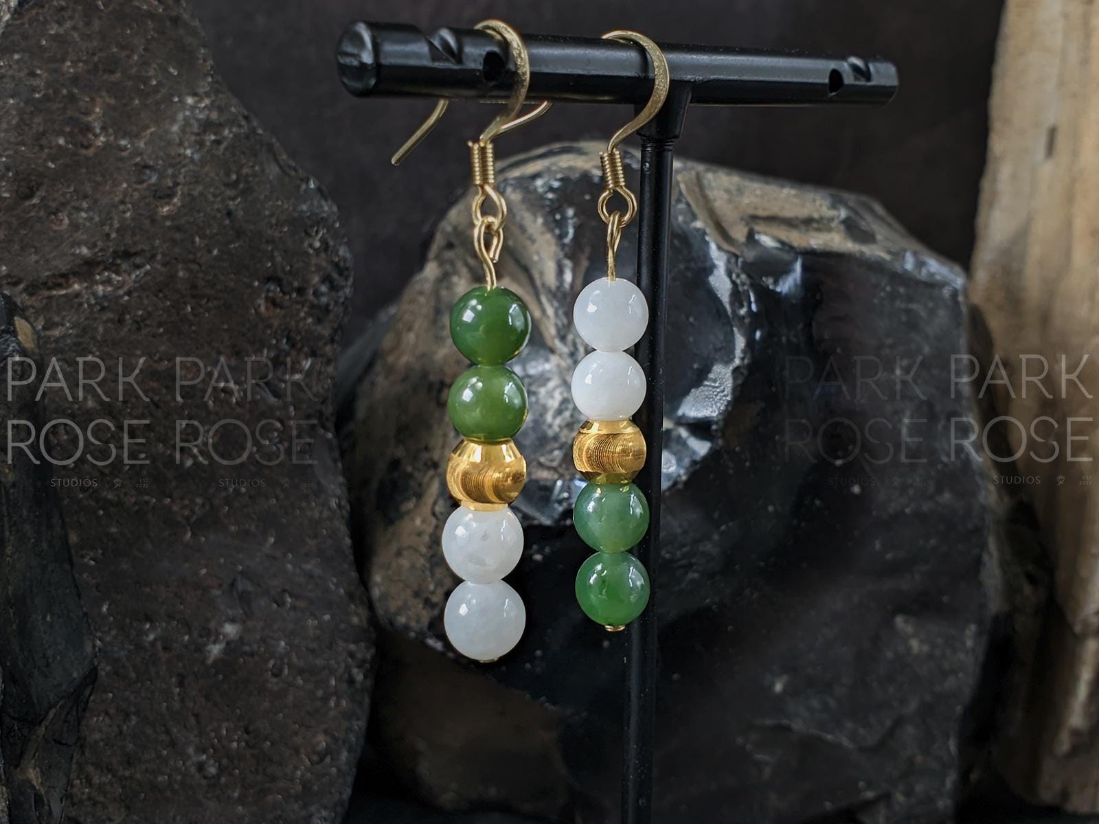 Nephrite Green & White Jade Earrings: 24K Pure Gold Cat Eye Beads (6mm)