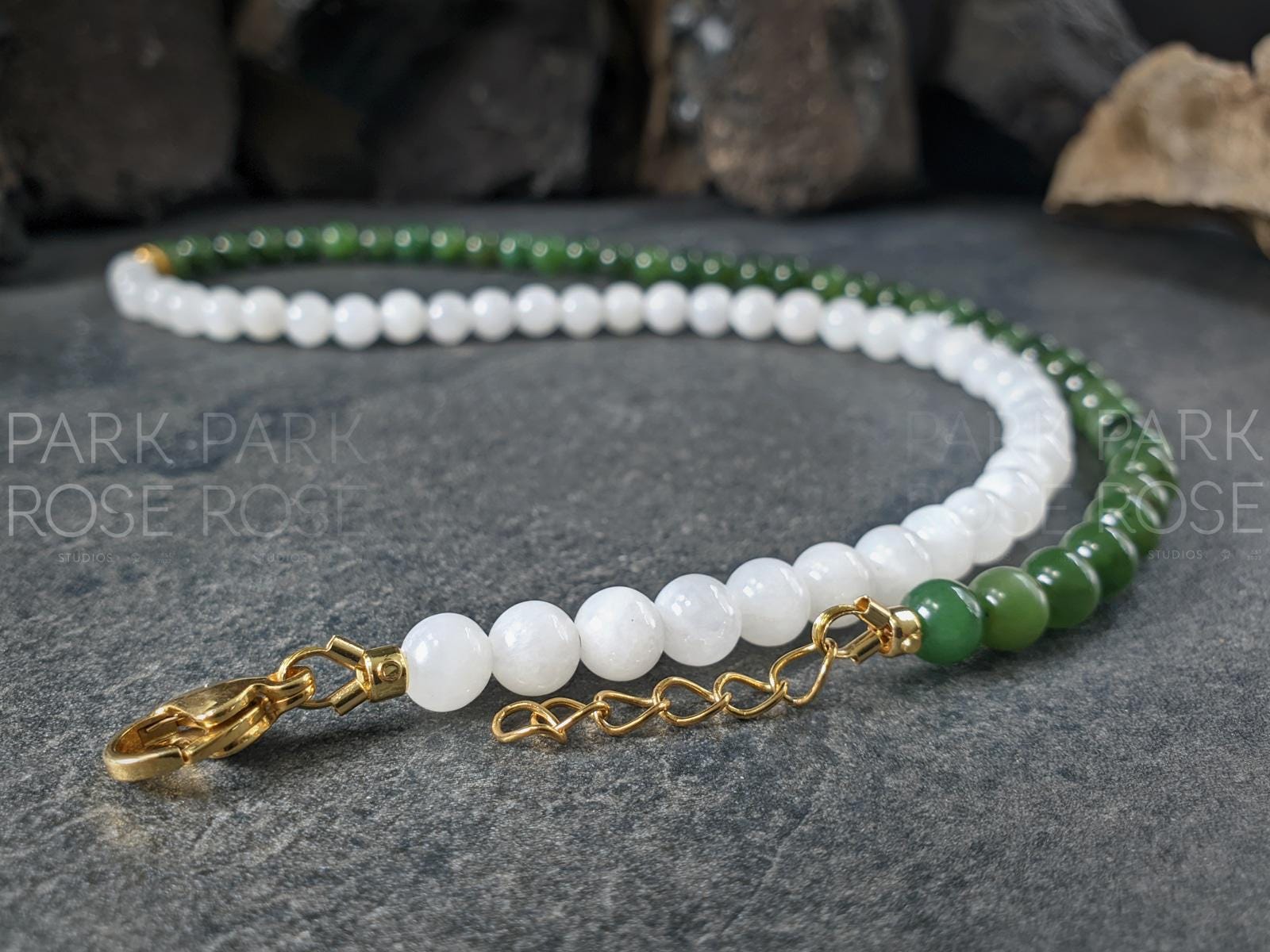 Yin Yang Nephrite Jade Beaded Necklace: 24K Gold Cat Eye Bead (6mm)