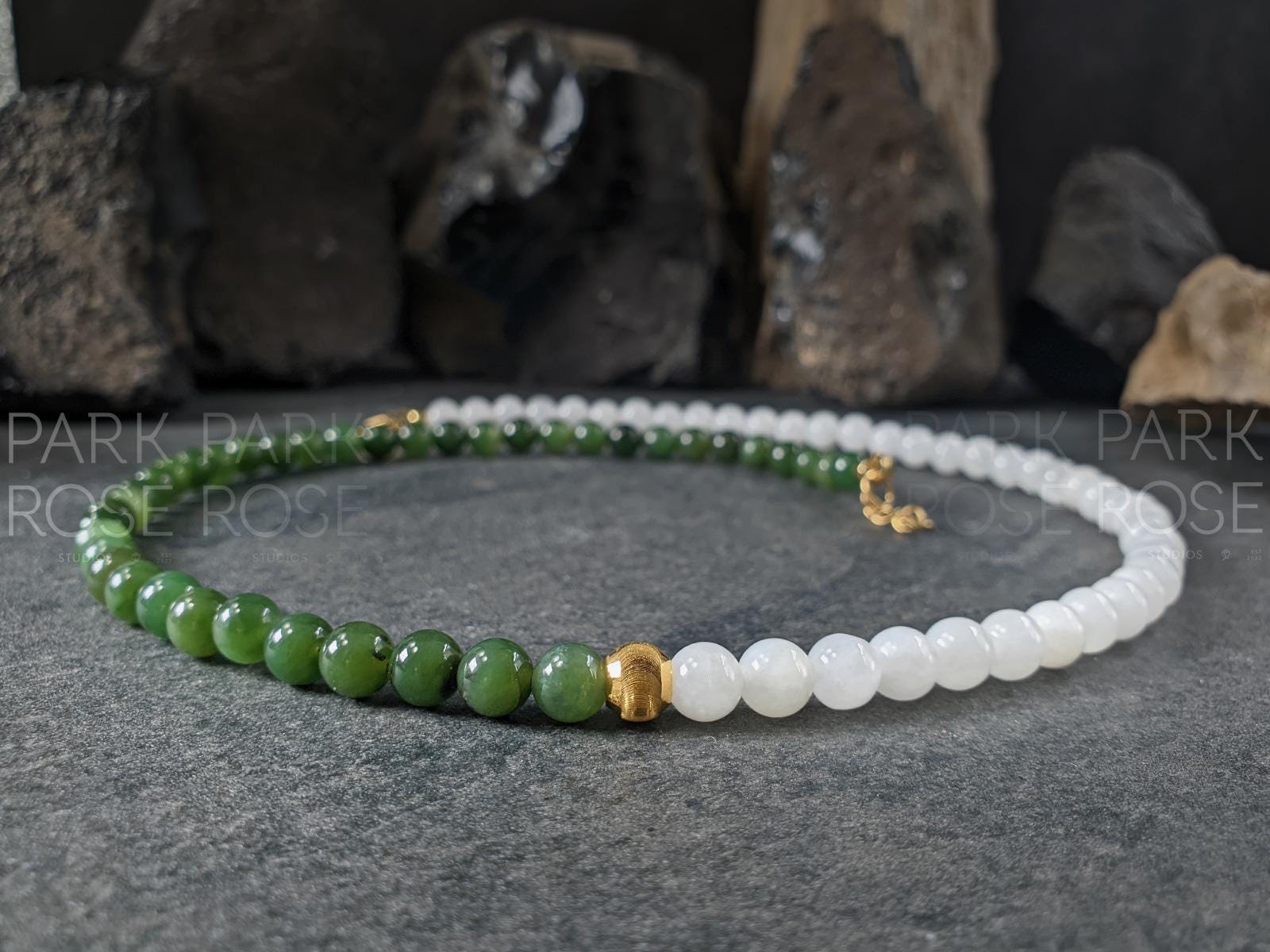 Yin Yang Nephrite Jade Beaded Necklace: 24K Gold Cat Eye Bead (6mm)