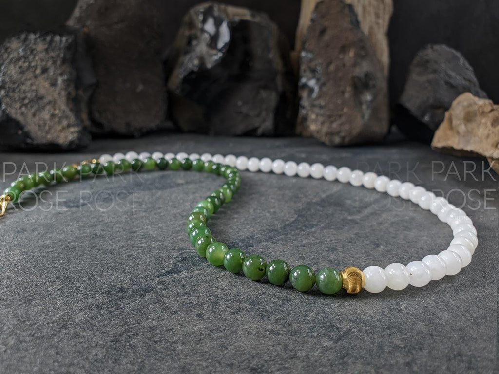 Yin Yang Nephrite Jade Beaded Necklace: 24K Gold Cat Eye Bead (6mm)