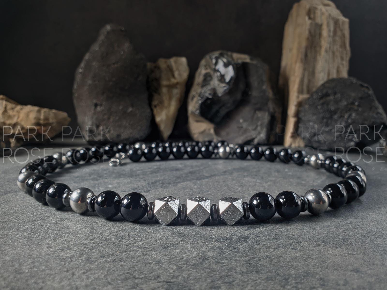 Uruguay Black Onyx, Titanium, Meteorite, Hematite Necklace (10mm)