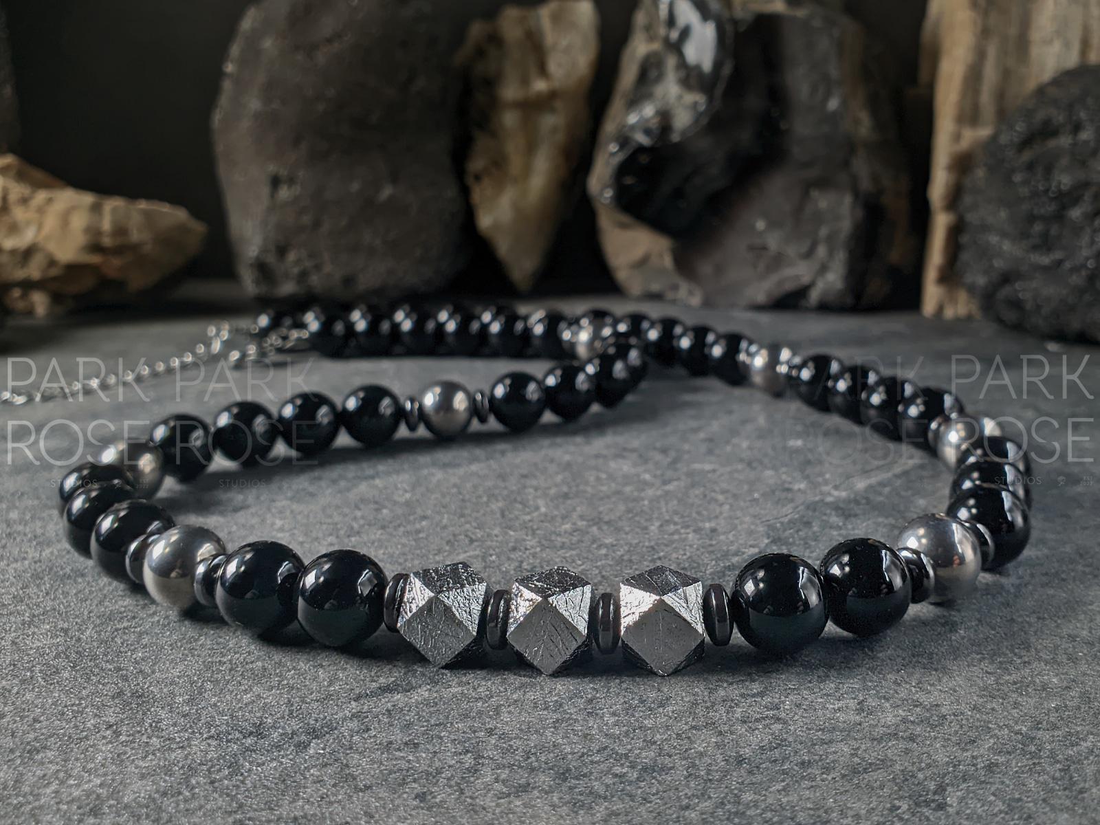 Uruguay Black Onyx, Titanium, Meteorite, Hematite Necklace (10mm)