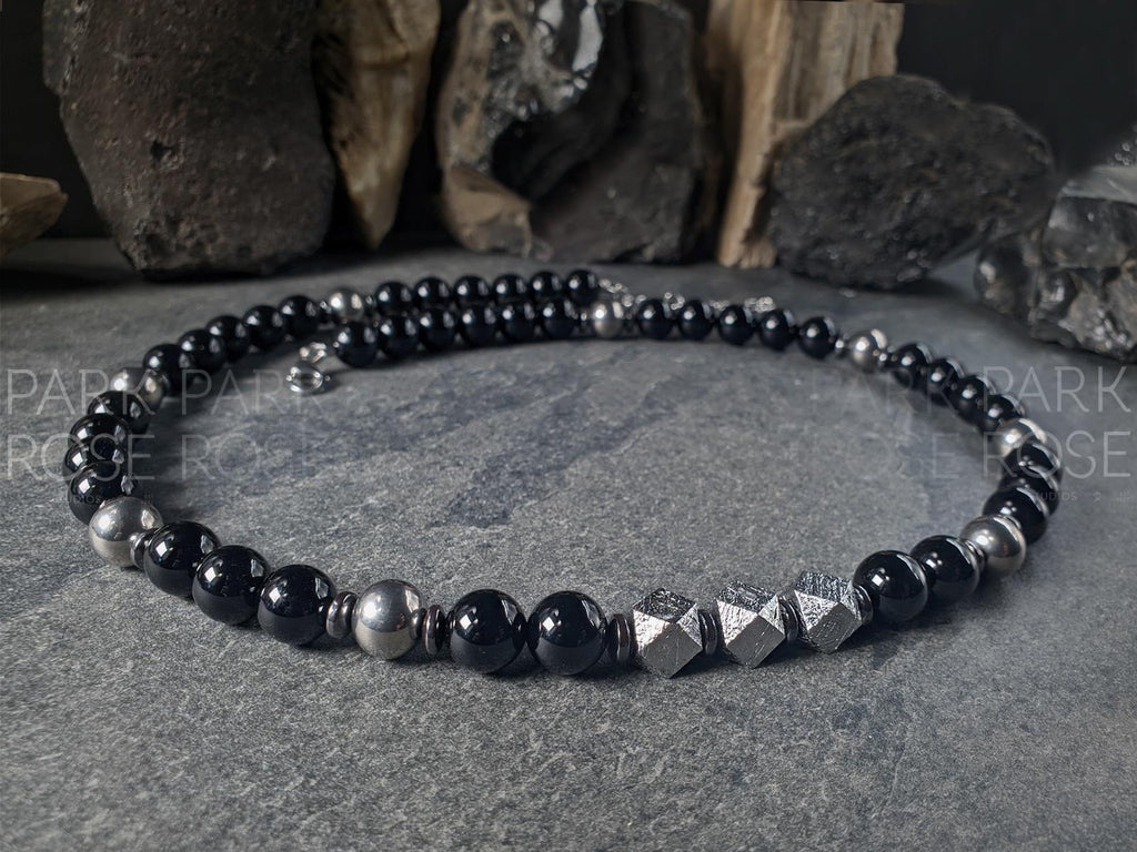 Uruguay Black Onyx, Titanium, Meteorite, Hematite Necklace (10mm)