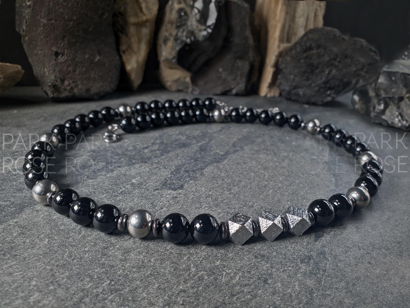 Uruguay Black Onyx, Titanium, Meteorite, Hematite Necklace (10mm)