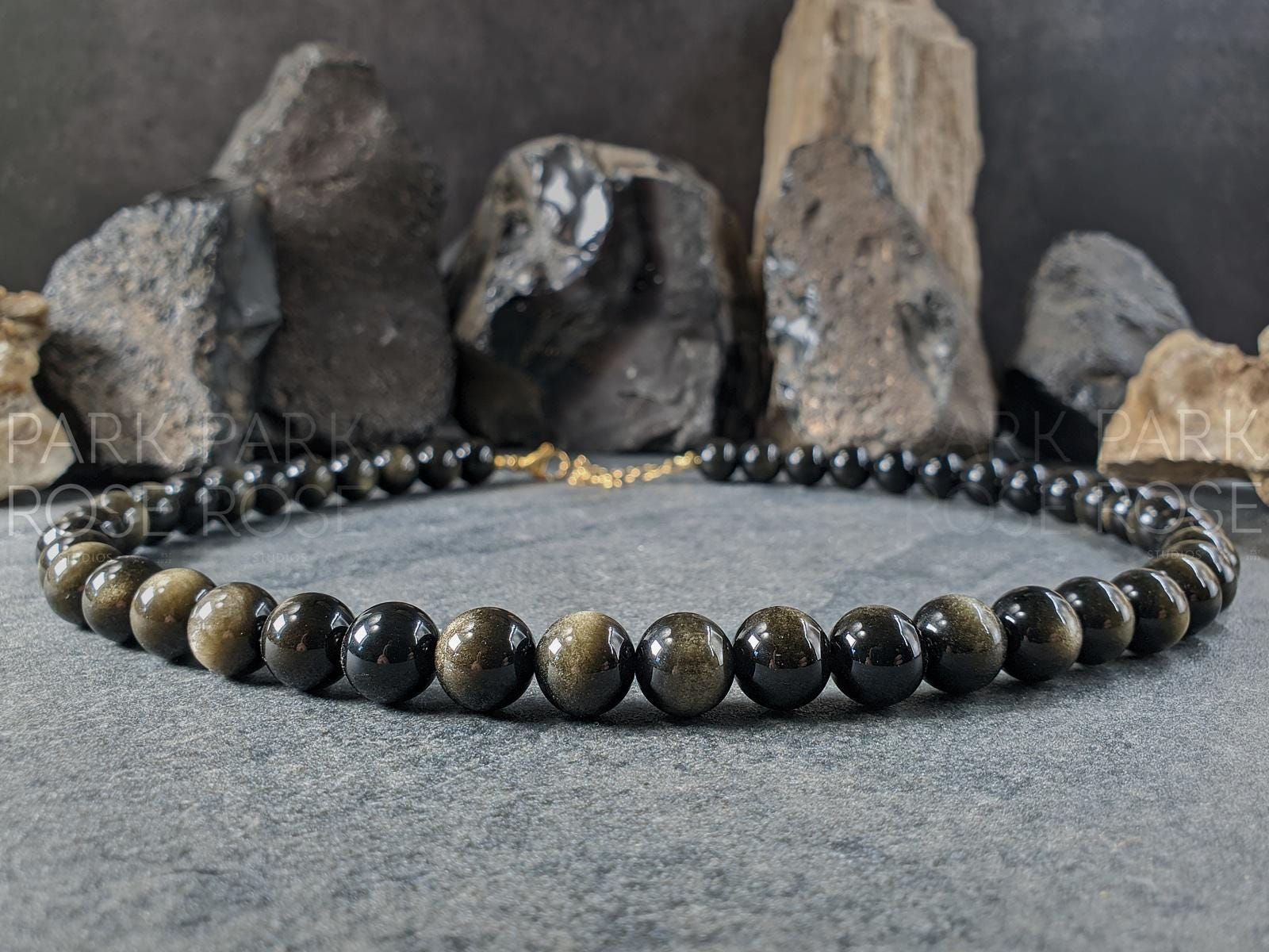 7A Gold Obsidian Gemstone Necklace: Obsidian Jewelry (10mm)