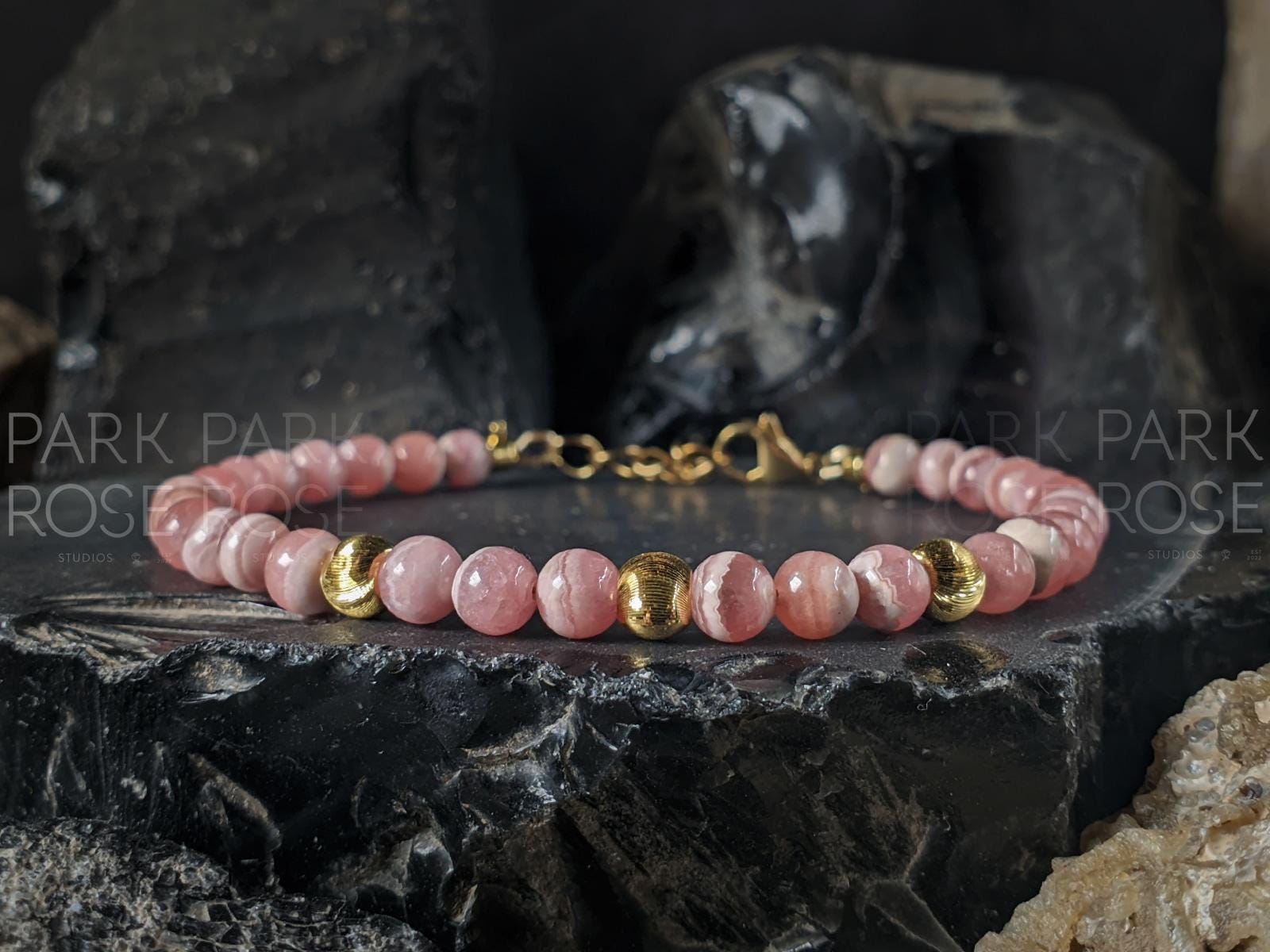 Dainty Argentinian Rhodochrosite Bracelet: 24K Solid Gold Cat Eye Bead (5mm)