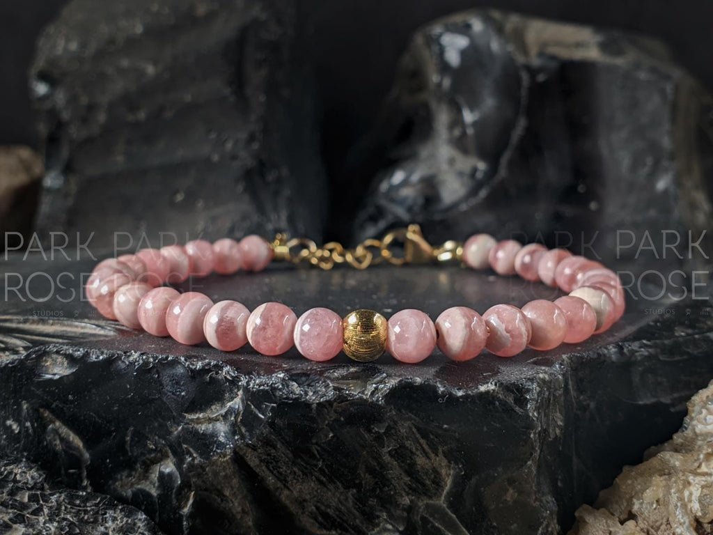 Dainty Argentinian Rhodochrosite Bracelet: 24K Solid Gold Cat Eye Bead (5mm)