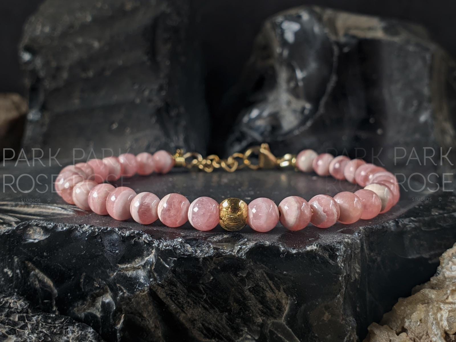 Dainty Argentinian Rhodochrosite Bracelet: 24K Solid Gold Cat Eye Bead (5mm)
