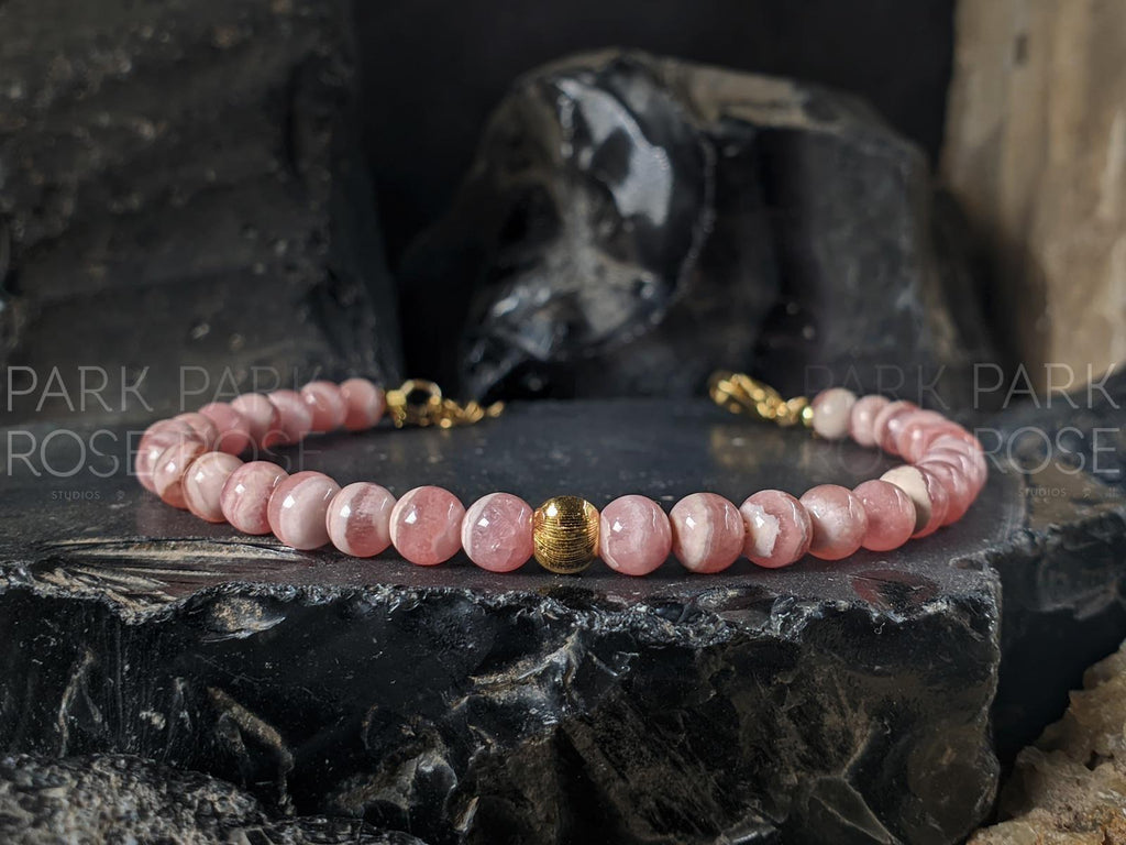 Dainty Argentinian Rhodochrosite Bracelet: 24K Solid Gold Cat Eye Bead (5mm)