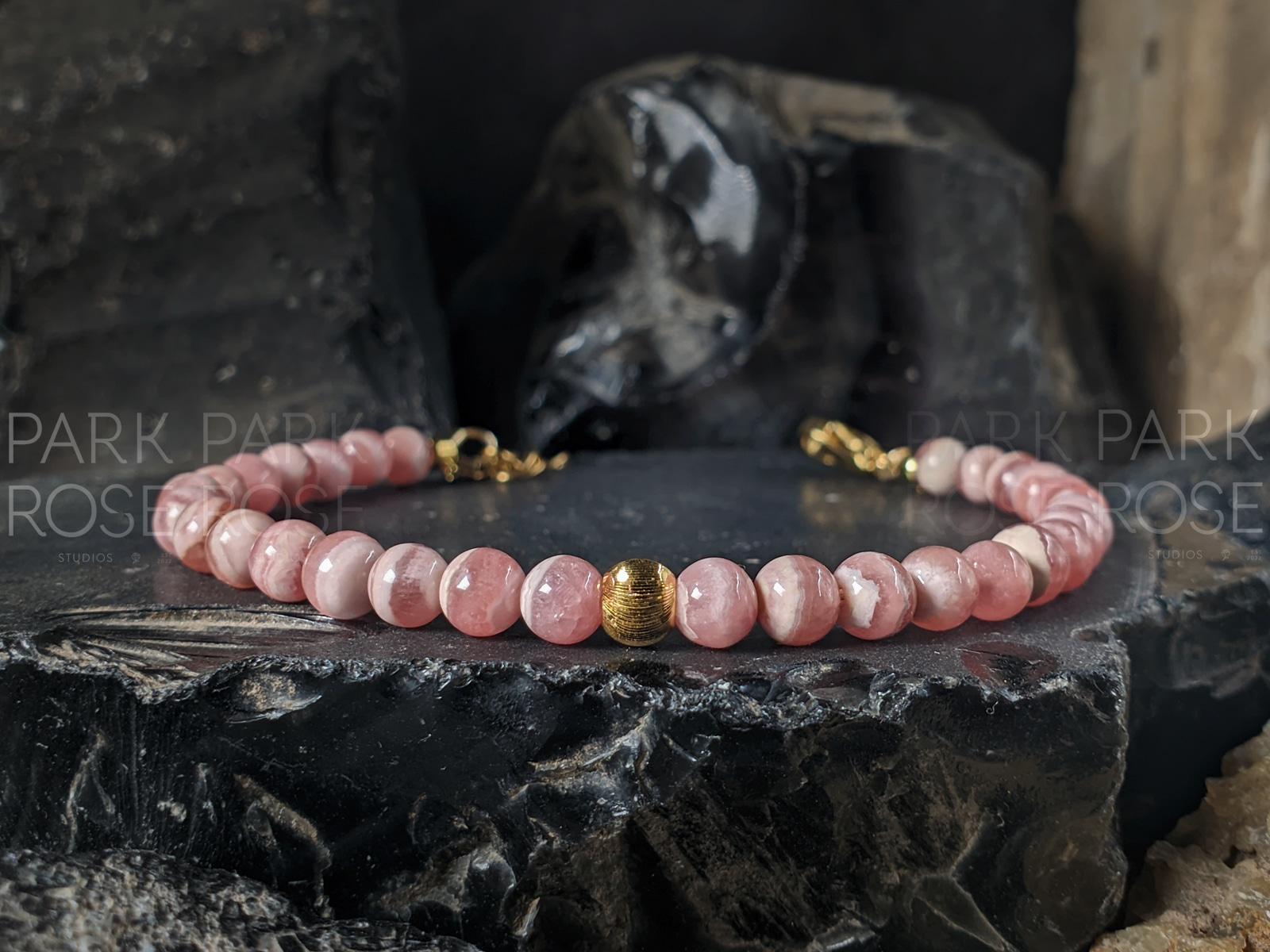 Dainty Argentinian Rhodochrosite Bracelet: 24K Solid Gold Cat Eye Bead (5mm)