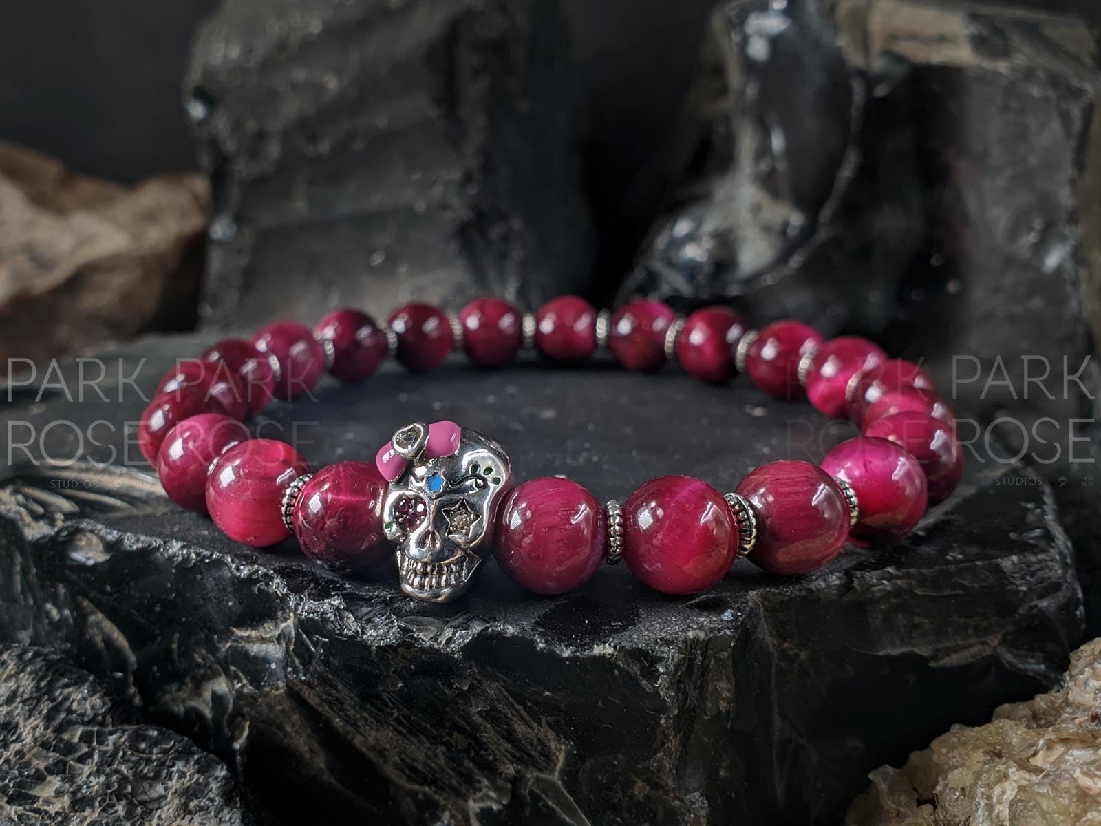 Sugar Skull Bracelet: 925 Sterling Silver Skull with Pink Tiger's Eye, Tourmaline or Moonstone (8mm)