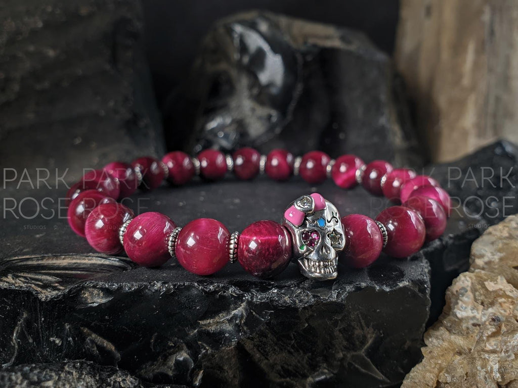 Sugar Skull Bracelet: 925 Sterling Silver Skull with Pink Tiger's Eye, Tourmaline or Moonstone (8mm)