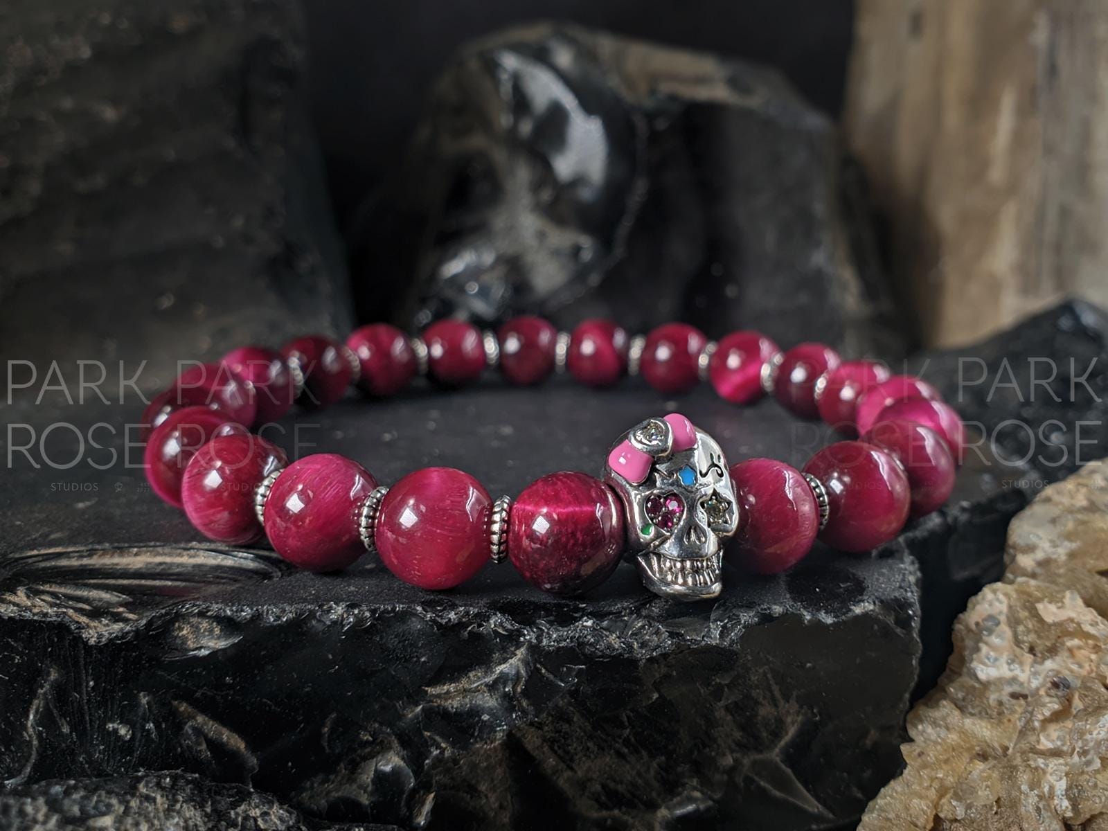 Sugar Skull Bracelet: 925 Sterling Silver Skull with Pink Tiger's Eye, Tourmaline or Moonstone (8mm)