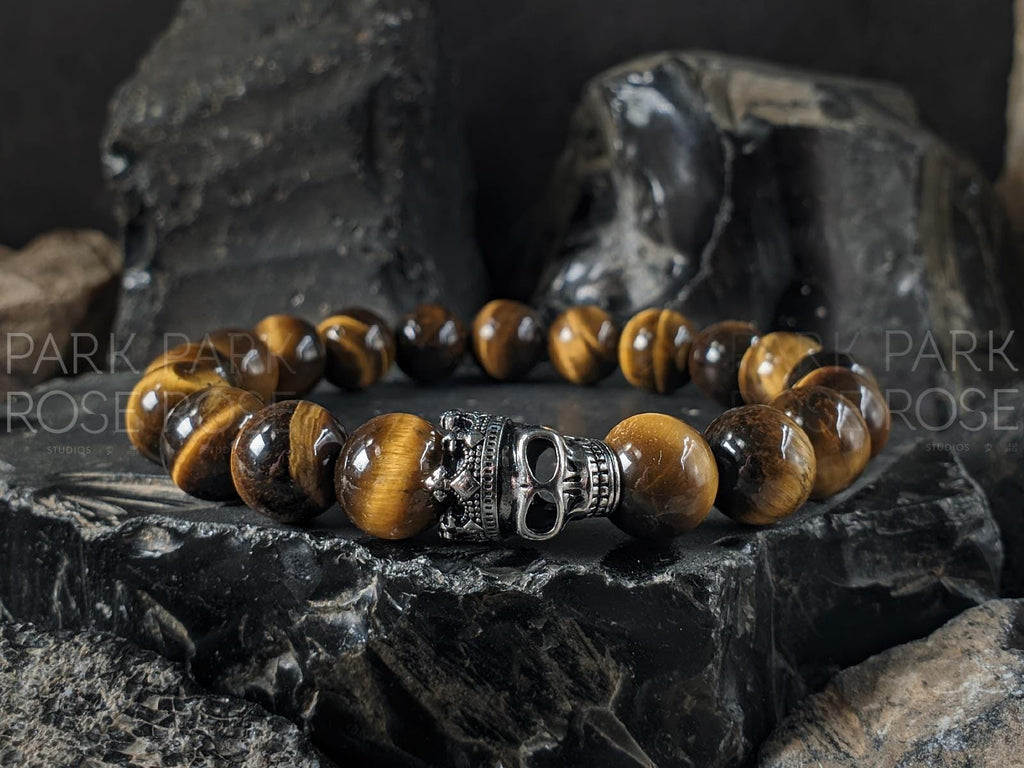 Yellow Tiger's Eye Sterling Silver King Skull Bracelet (10mm)