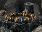 Yellow Tiger's Eye Sterling Silver King Skull Bracelet (10mm)
