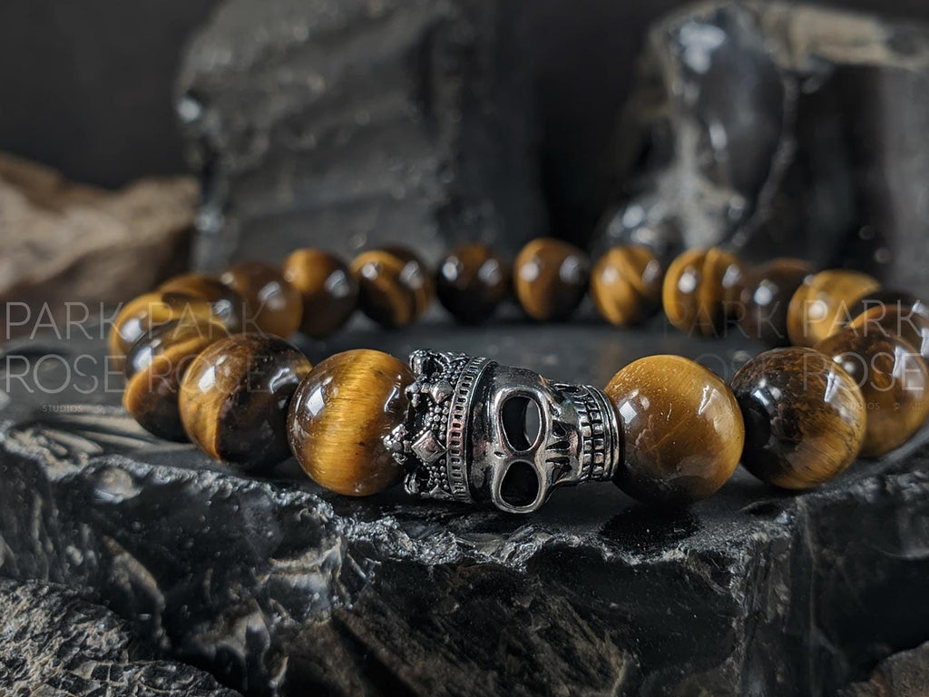 Yellow Tiger's Eye Sterling Silver King Skull Bracelet (10mm)