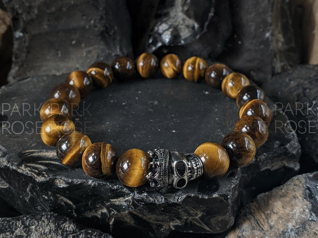 Yellow Tiger's Eye Sterling Silver King Skull Bracelet (10mm)
