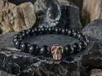 Set of 2: Stainless Steel Skull Bracelet Stack, Moonstone & Black Onyx, His/Hers (8mm)