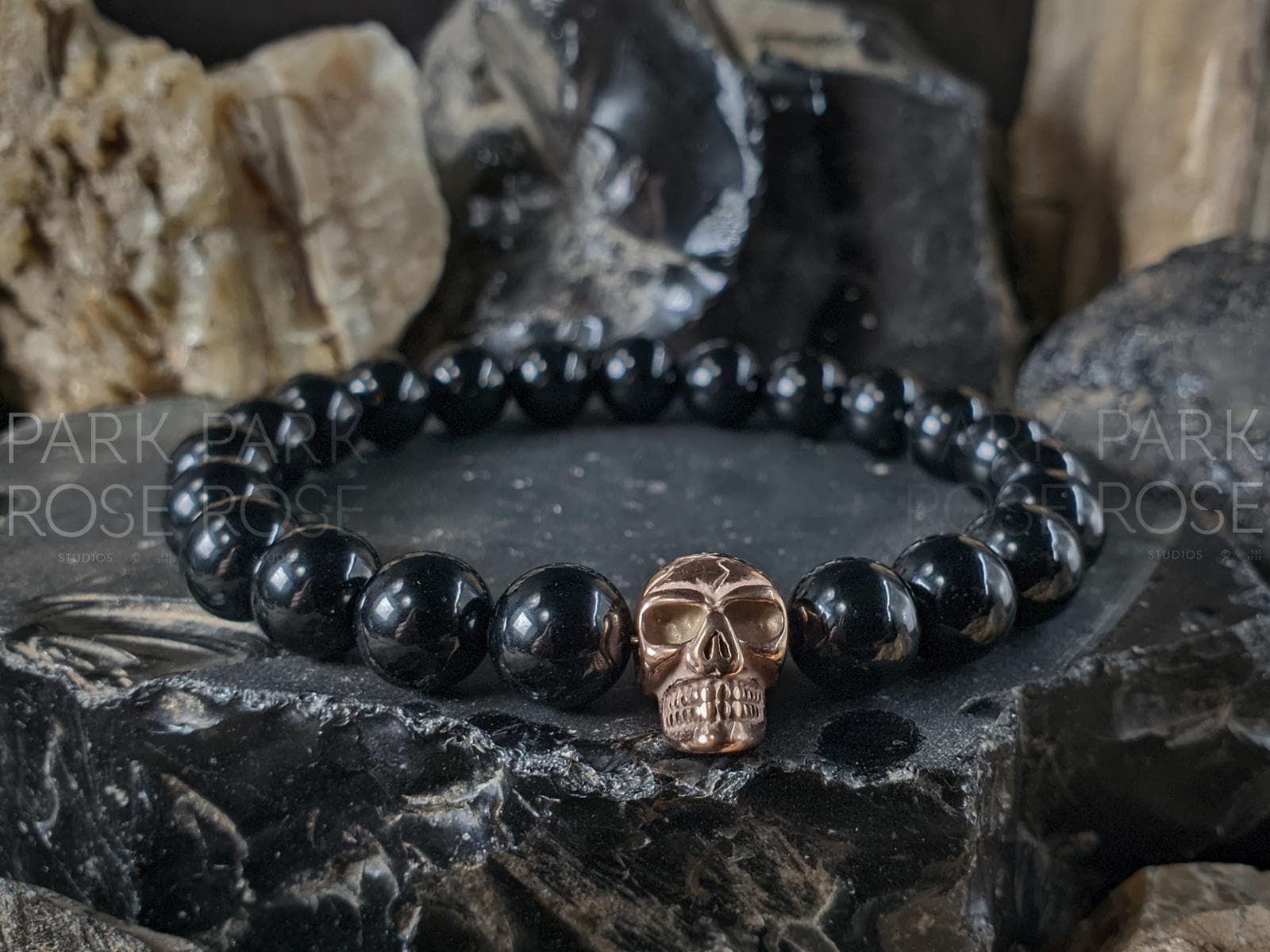 Set of 2: Stainless Steel Skull Bracelet Stack, Moonstone & Black Onyx, His/Hers (8mm)