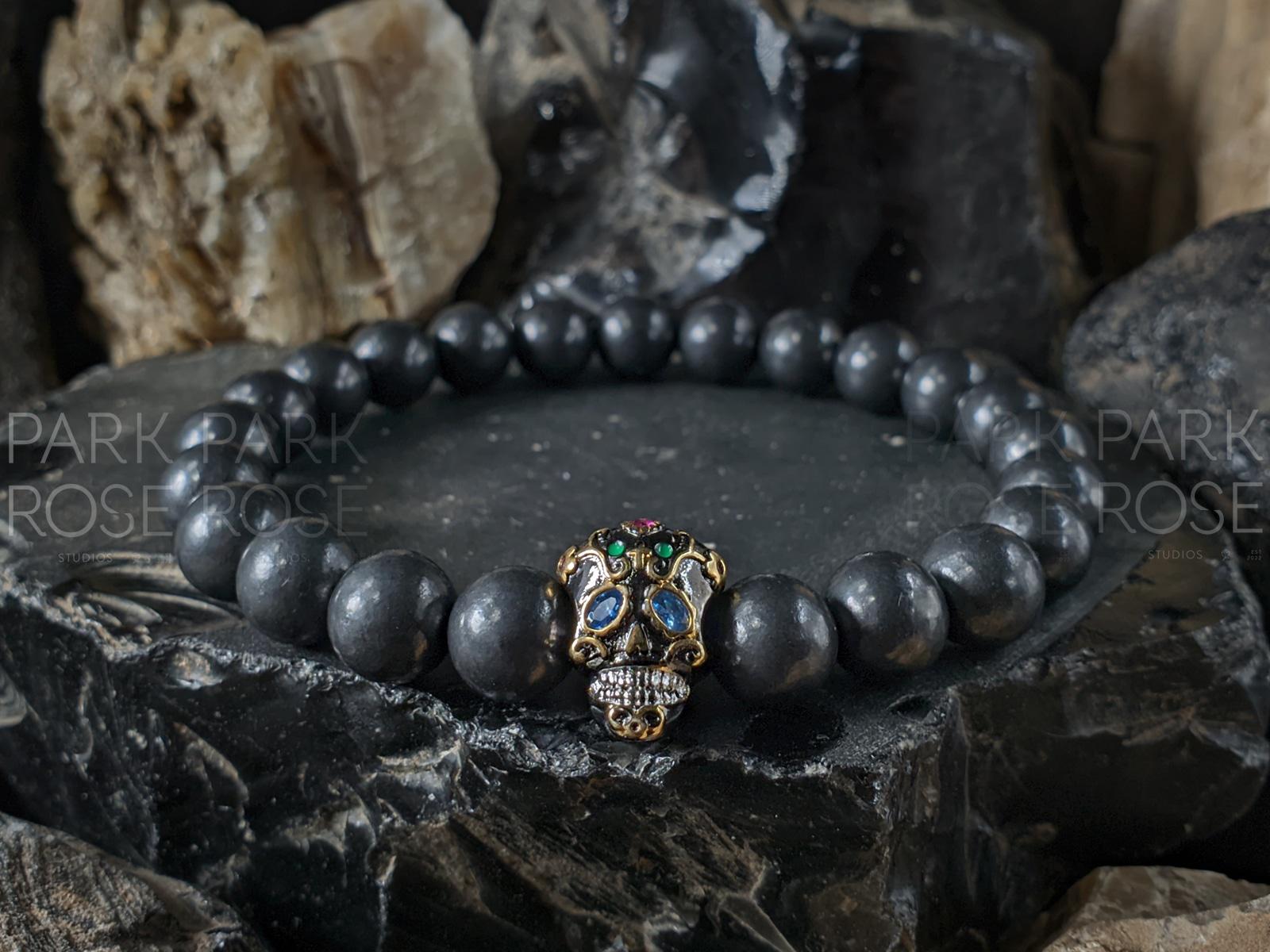 Russian Shungite Stainless Steel or 925 Sterling Silver Skull Bracelet (8mm)